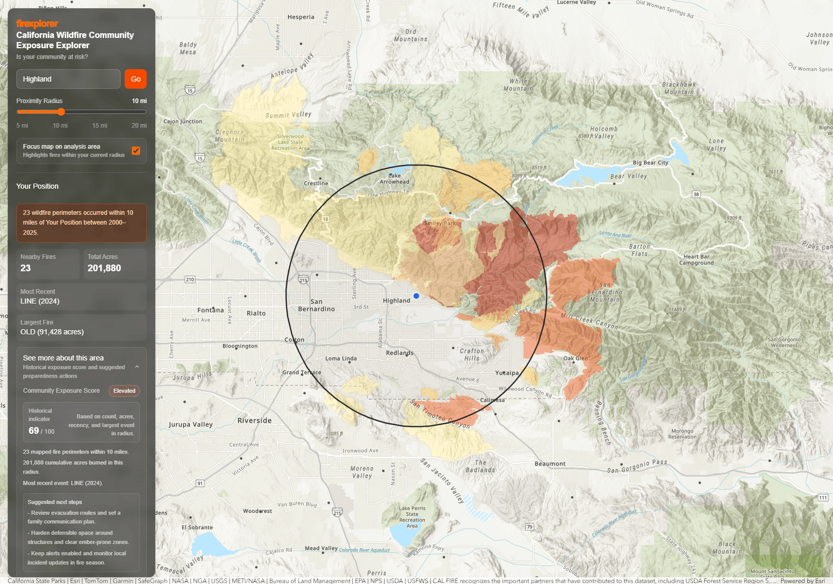 Firexplorer app interface showing real-time perimeter data