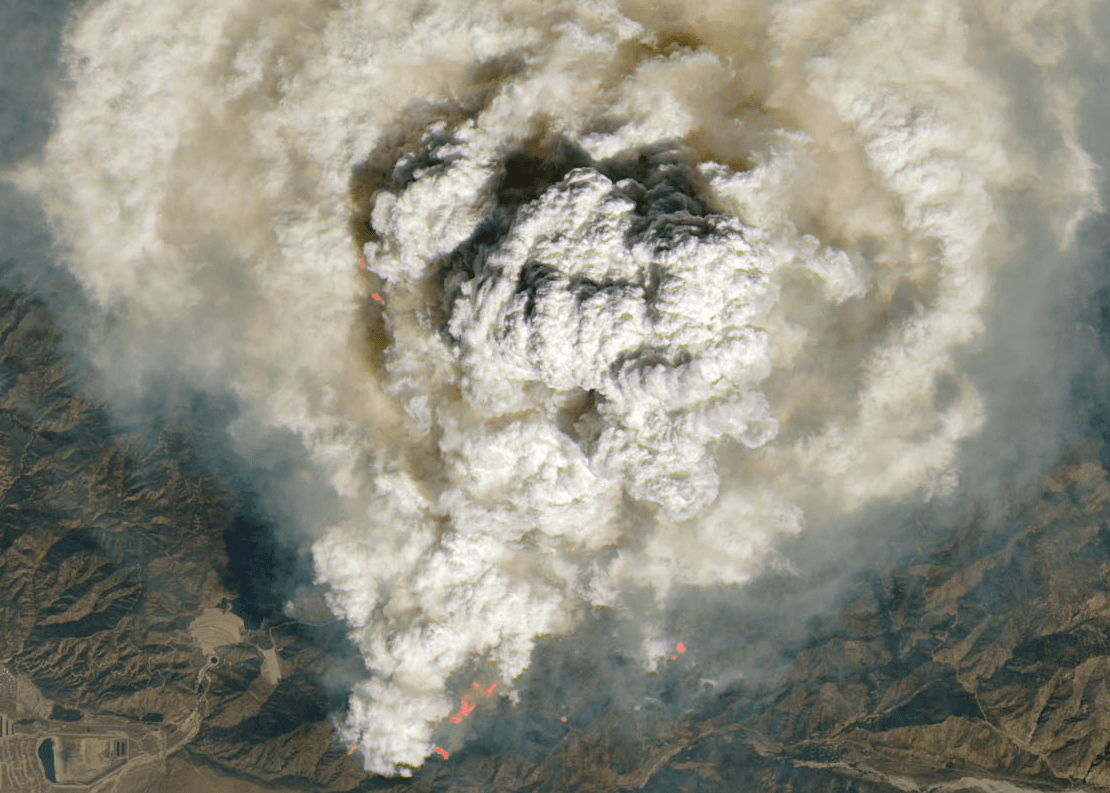 Satellite view of the Line Fire burn area near Highland, CA